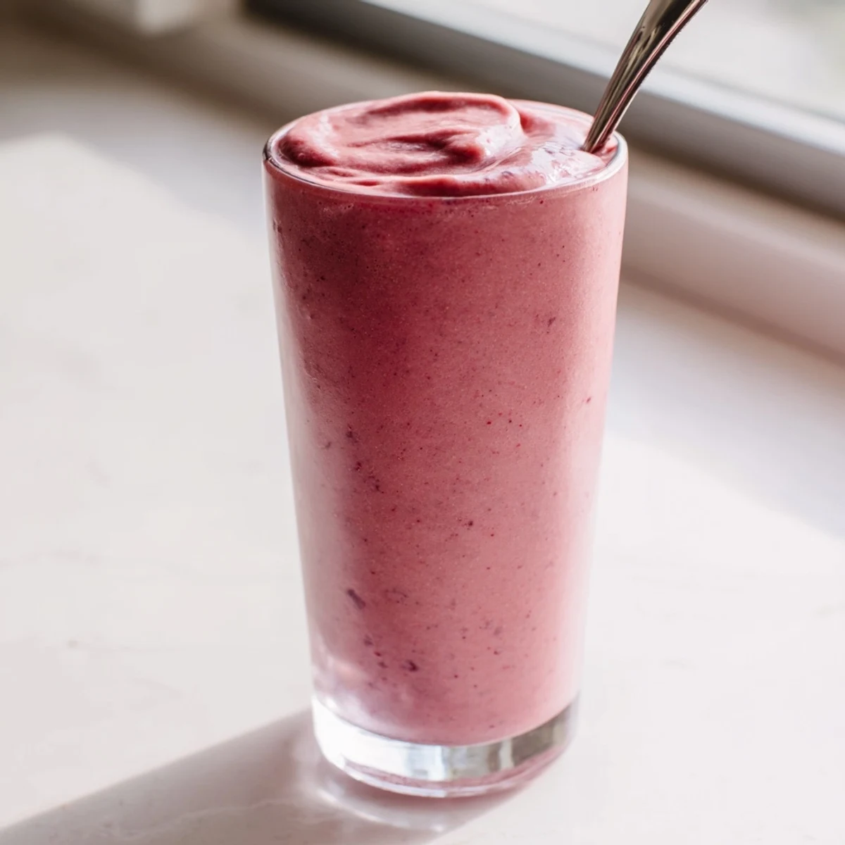 Creamy, ruby-red Cherry Almond Smoothie in a tall glass, topped with sliced almonds and fresh cherries for a refreshing summer drink.  