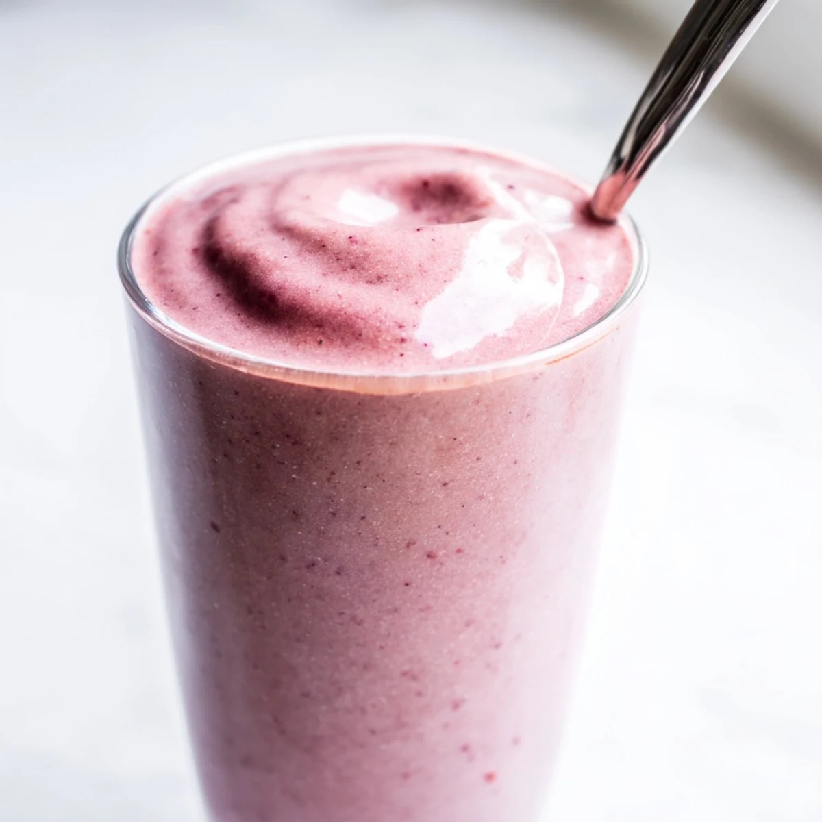 This Cherry Almond Smoothie shows a frothy, blended texture with banana and almond milk, perfect for a quick, healthy breakfast.  