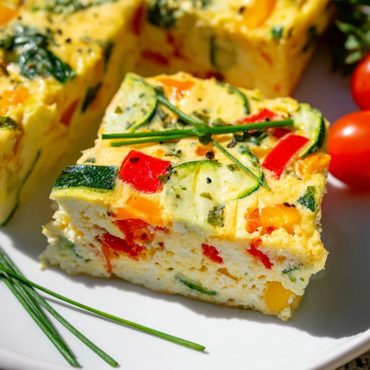 Golden-brown, fluffy sheet pan eggs with cottage cheese and colorful veggies, served warm on a white plate.  