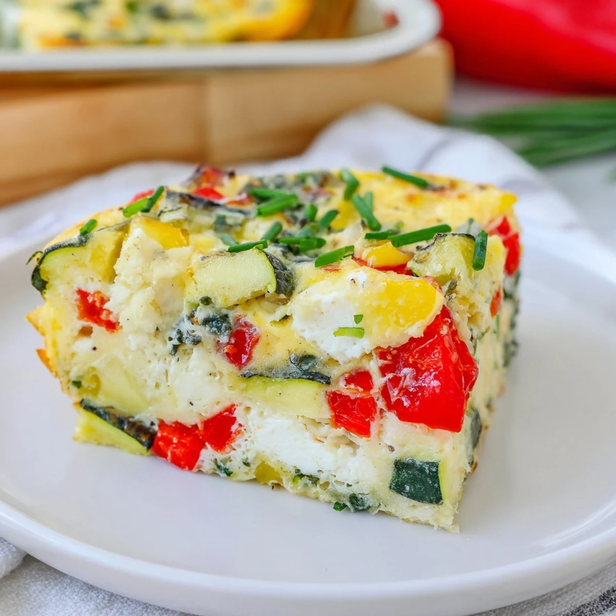 A close-up of bubbly cottage cheese baked eggs with red peppers, spinach, and cherry tomatoes for a healthy breakfast.