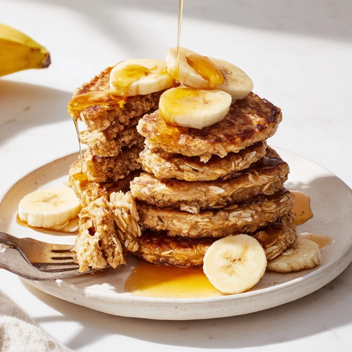 Golden-brown Banana Oat Pancakes sizzling on a griddle with fresh sliced bananas and maple syrup drizzle.