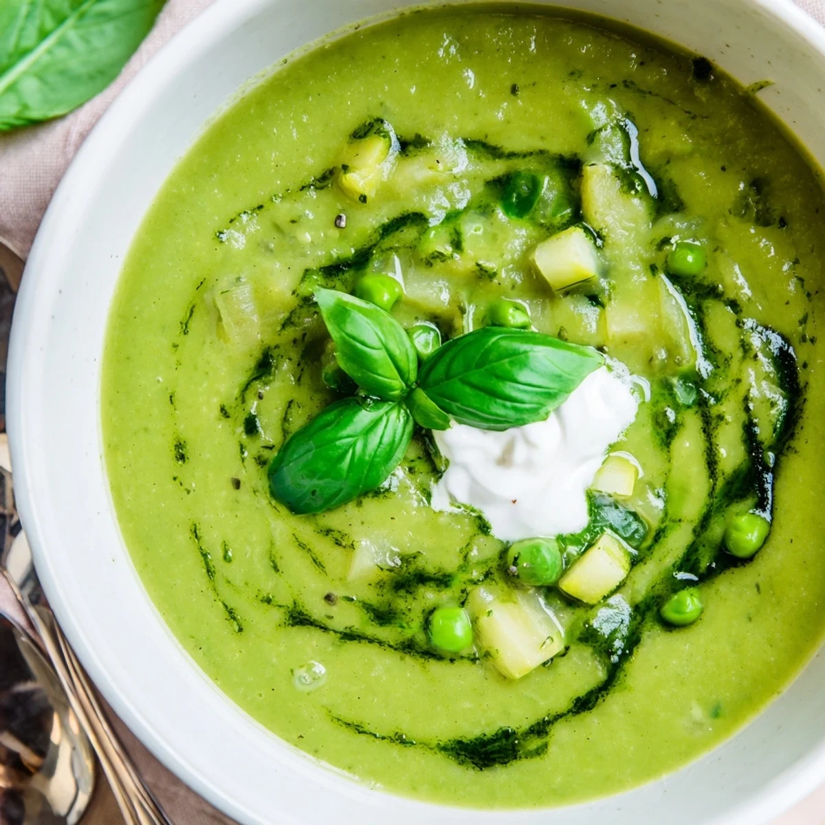 Bright courgette, pea and pesto soup, bursting with fresh spring flavors.