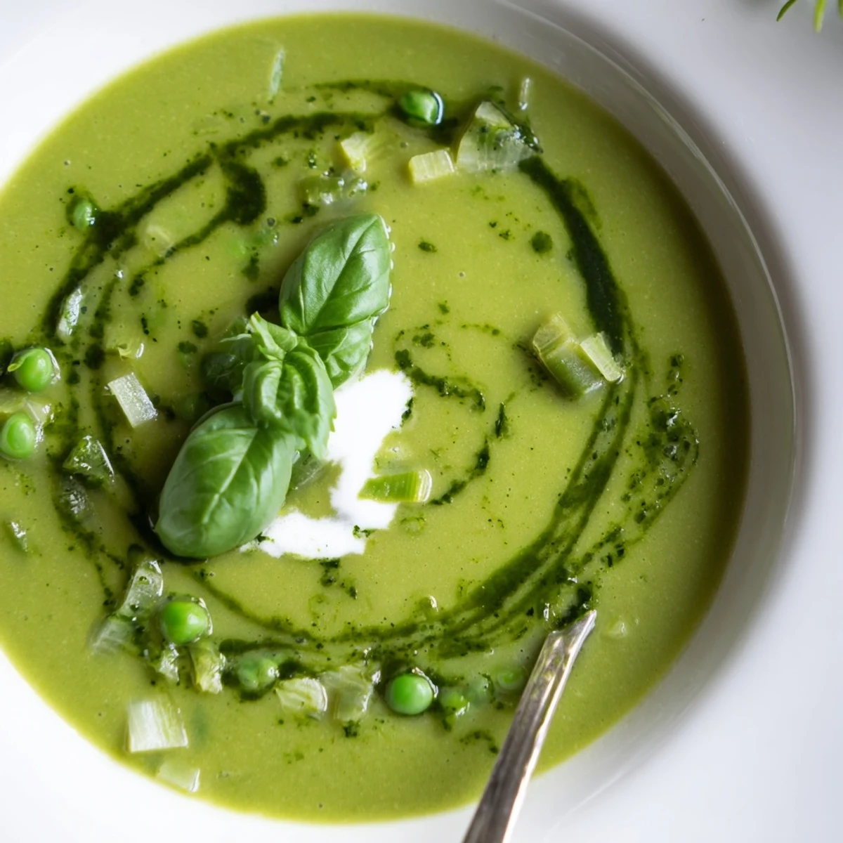 Vibrant green courgette, pea and pesto soup, a delightful, light lunch.