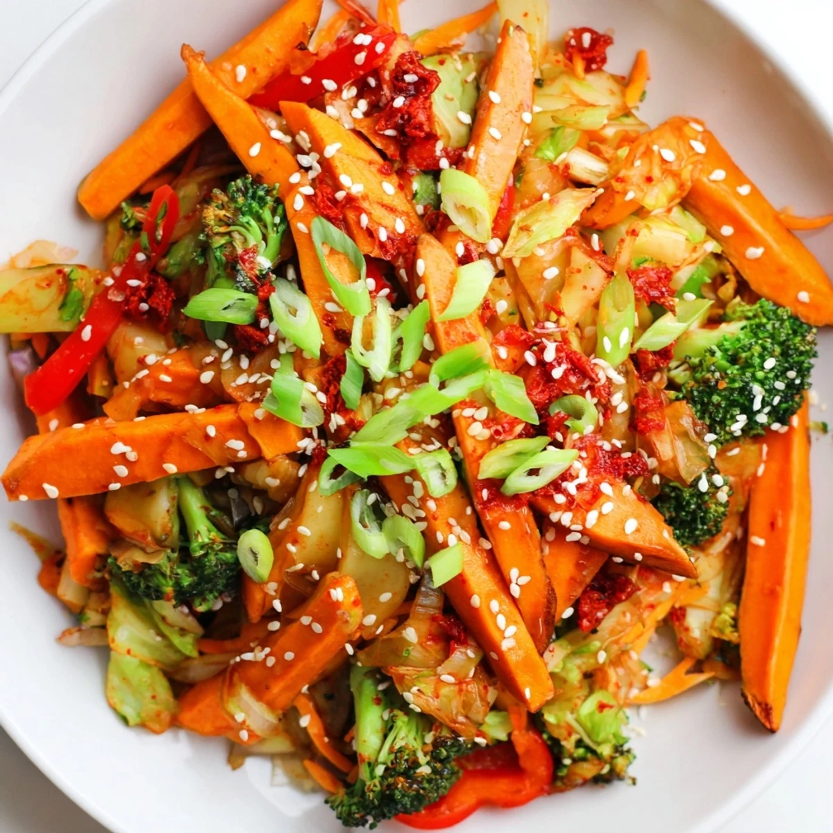 Vibrant stir-fried broccoli, carrots, and kimchi in a hot wok for a probiotic-rich winter meal.