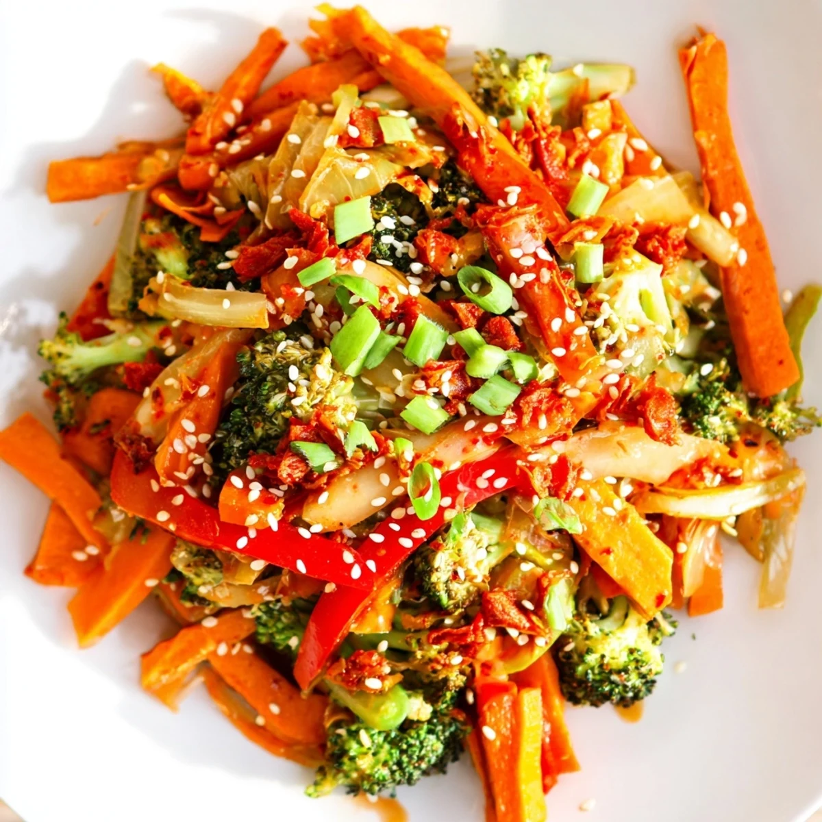 A bowl of fermented veggie stir-fry garnished with sesame seeds and fresh green onions.