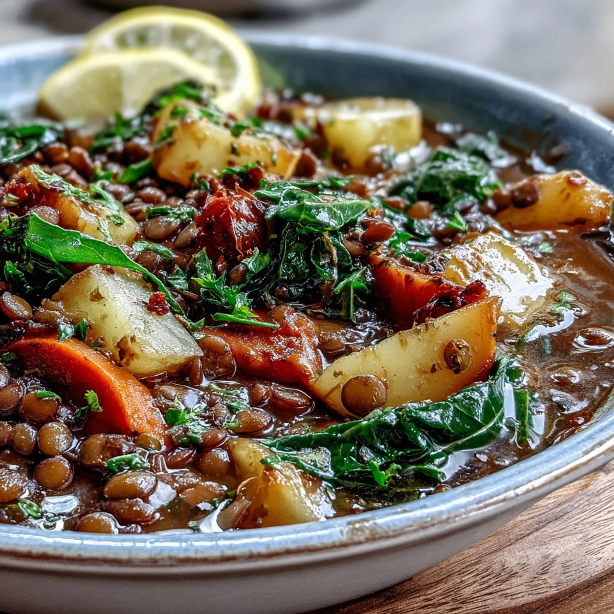 Ladle of steaming Vegetarian Lentil Stew topped with fresh parsley, served with lemon wedges.