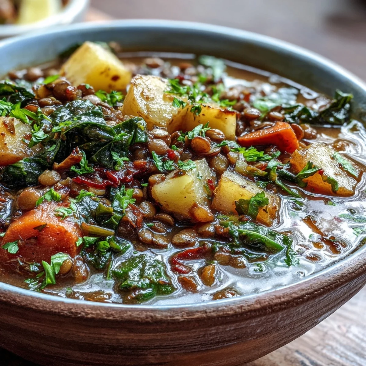 Close-up of a hearty Vegetarian Lentil Stew with tender lentils, carrots, and wilted spinach.
