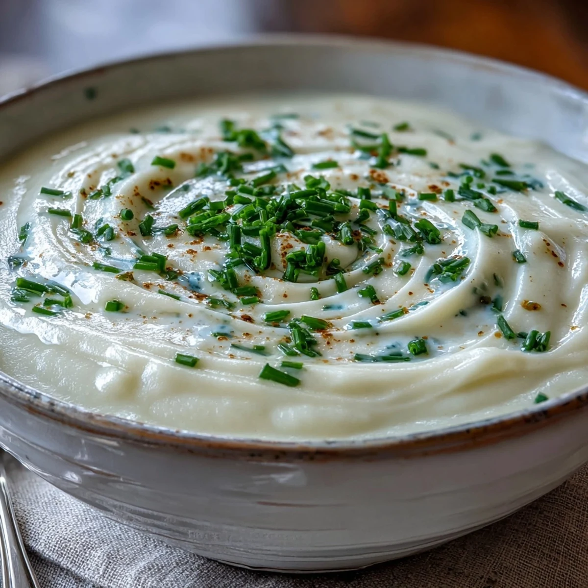 Creamy Celery Root Bisque steaming in a white bowl, garnished with fresh chives and a swirl of heavy cream.