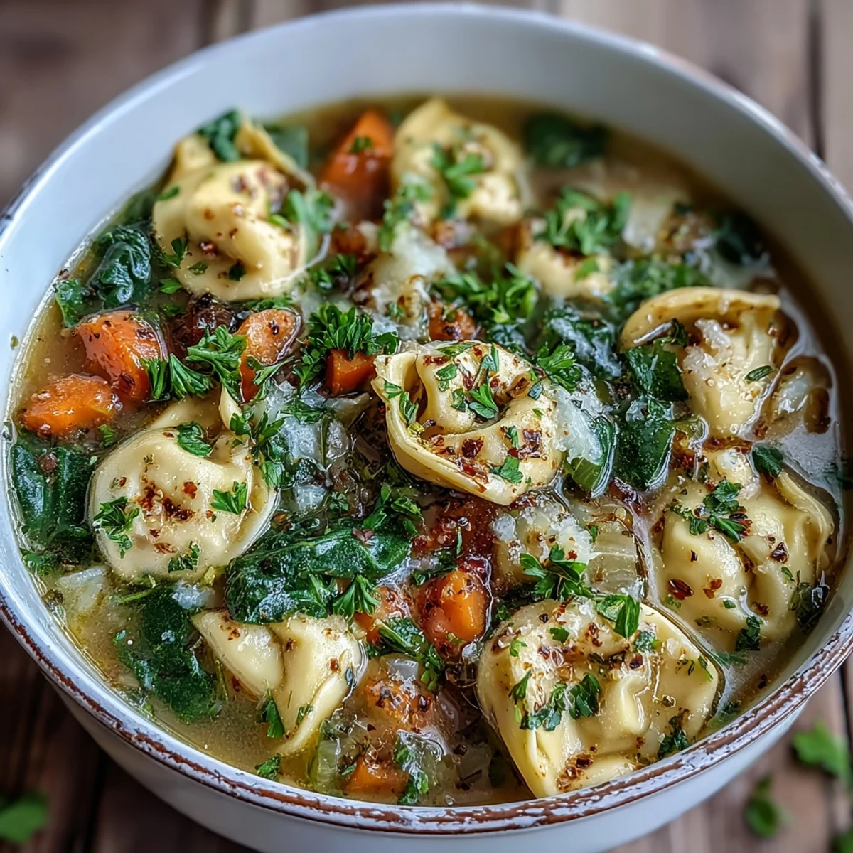 A spoon dips into Easy Tortellini Soup with Chicken Broth, highlighting tender pasta and fresh spinach.
