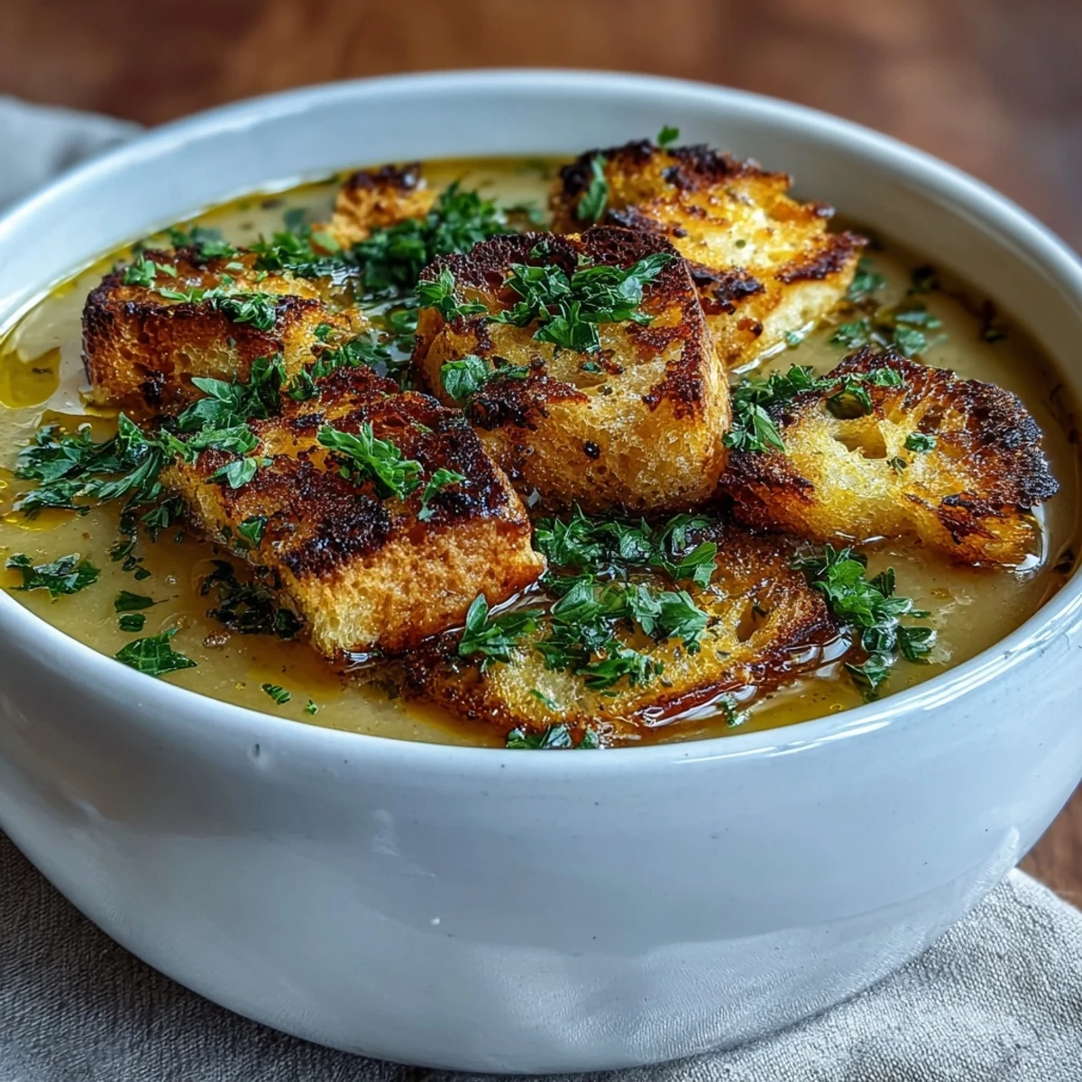 Golden-brown roasted garlic cloves simmering in a pot, blending into a velvety Roasted Garlic Soup with thyme and vegetable broth.