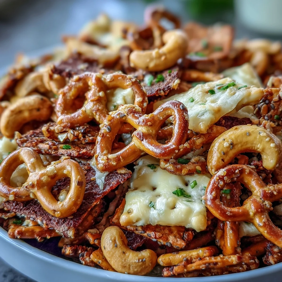 Golden-baked Everything Ranch Cheese and Pretzel Snack Mix with crunchy pretzels, cheesy crackers, and cashews piled high.