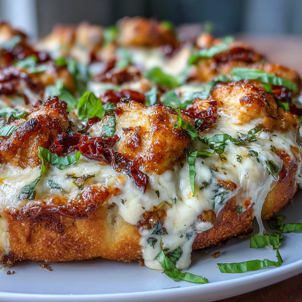 Marry Me Chicken Pizza, a golden-crust slice with creamy chicken, tomatoes, and basil on a rustic table.