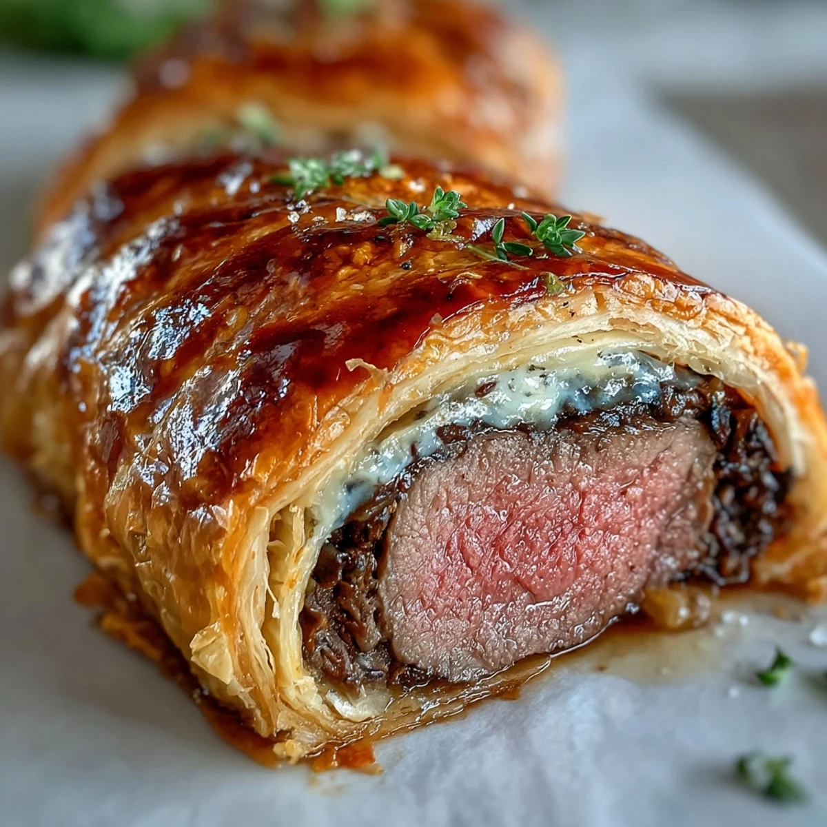 A rustic slice of Beef Wellington reveals rich mushroom duxelles, tender beef, and crisp pastry served warm.