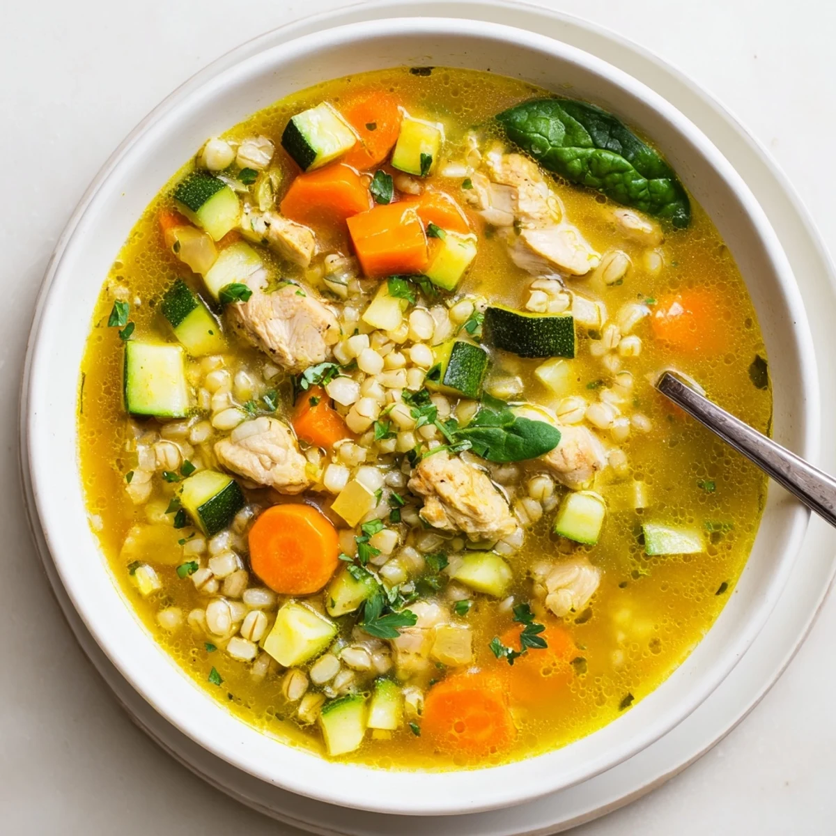A close-up of Soothing Turmeric Chicken With Pearl Barley in a rustic bowl, steam rising from the golden, herb-flecked broth and tender chicken pieces.