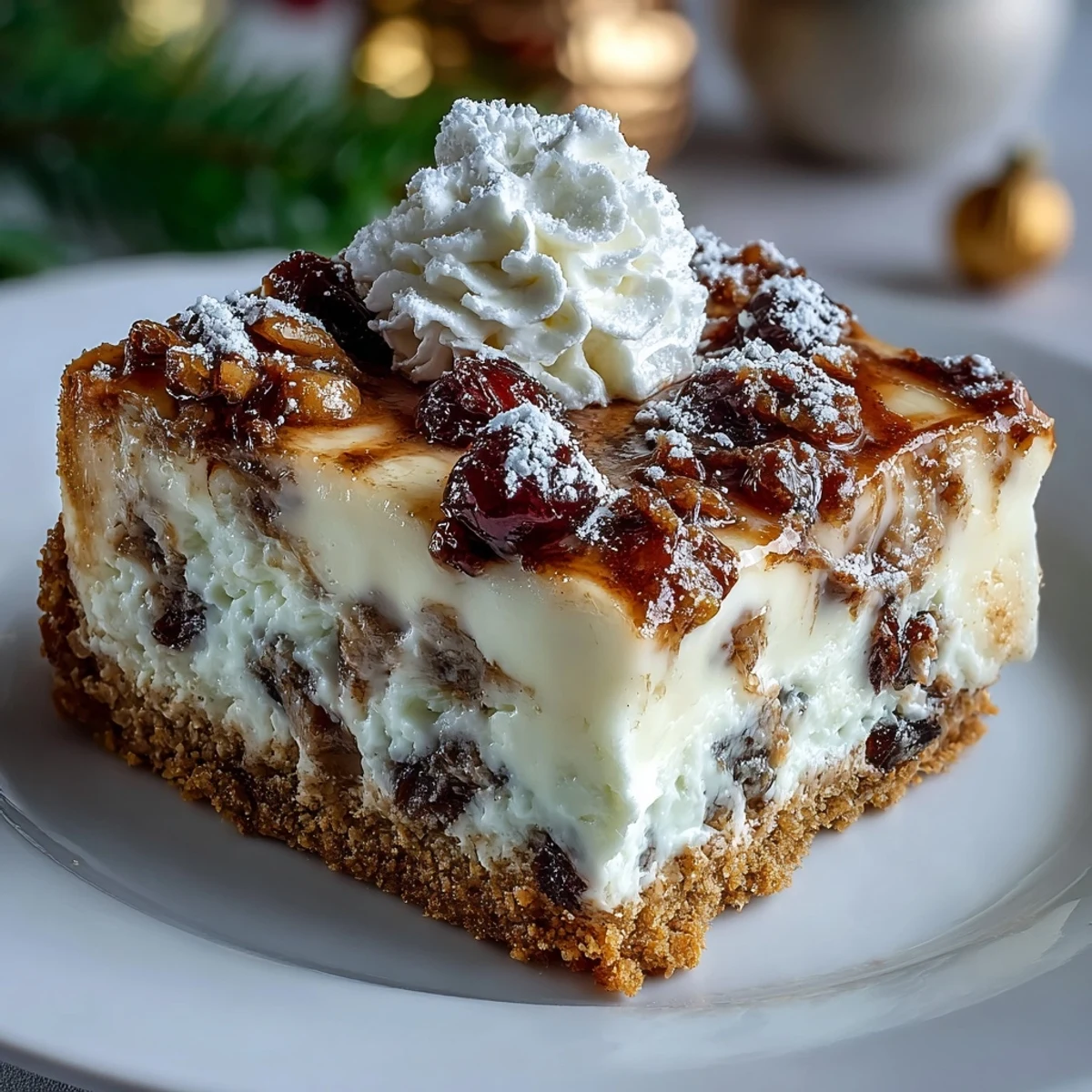 A slice of Christmas Cheesecake Slab reveals creamy spiced filling and a crunchy digestive biscuit crust.