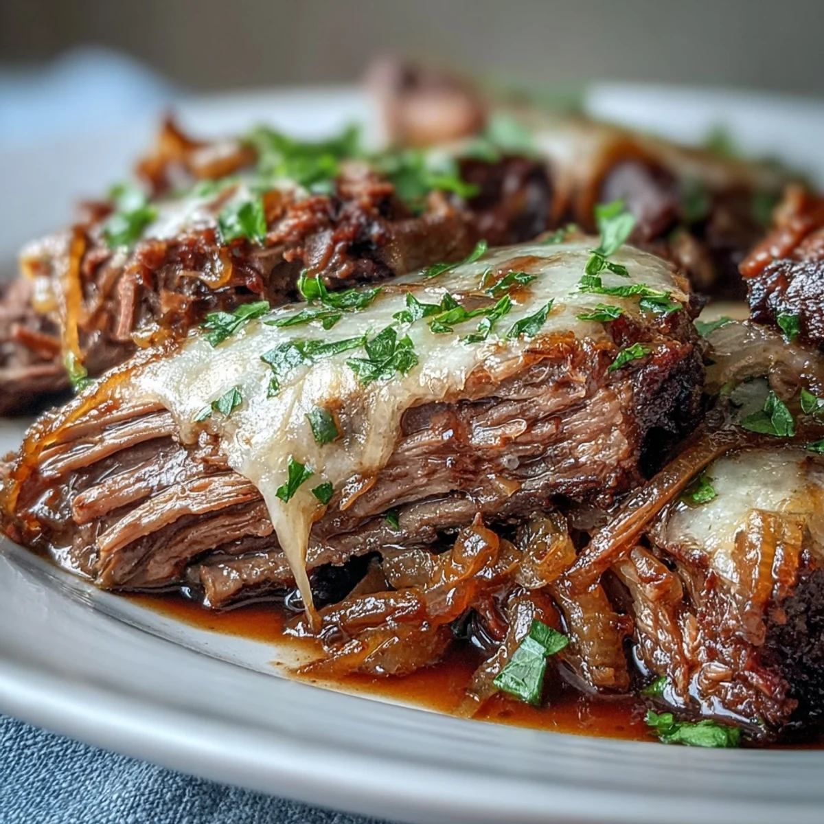 Slow cooker Savory Crock Pot French Onion Pot Roast in a ceramic insert, served with fresh parsley and a side of mashed potatoes.