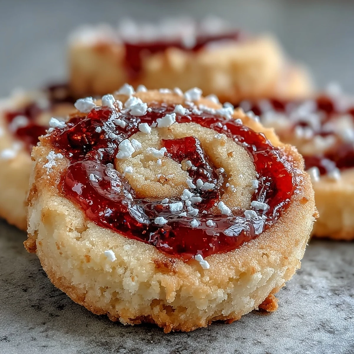 Golden-brown Raspberry Swirl Shortbread Cookies cool on a wire rack, showcasing their jam-filled centers and crumbly, buttery texture.