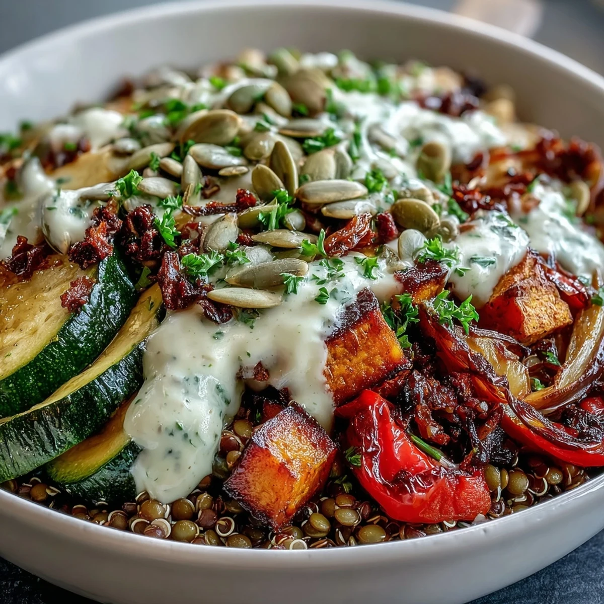 Golden roasted sweet potatoes, bell peppers, and zucchini join tender lentils in this vibrant Lentil Power Bowl.
