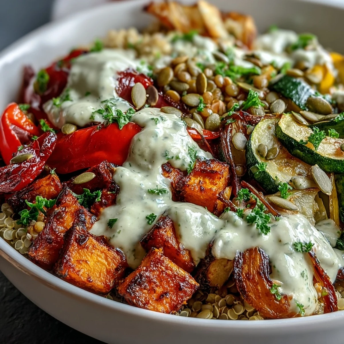 Enjoy a wholesome Lentil Power Bowl featuring creamy tahini dressing and crunchy pumpkin seeds for a nourishing meal.