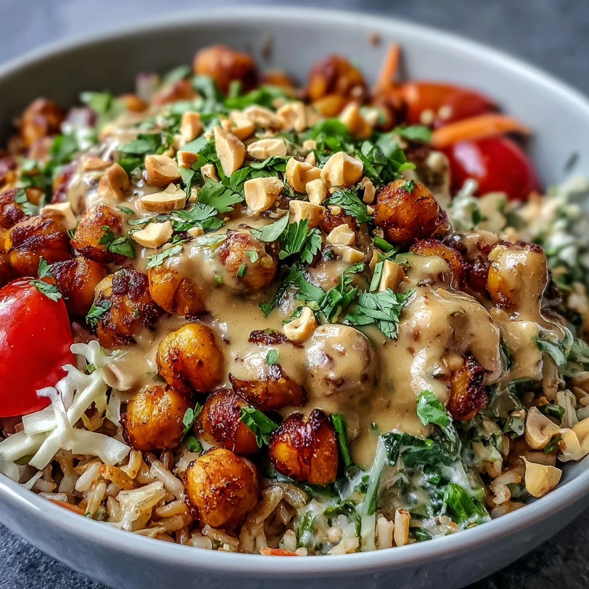 Ready to serve Peanut Chickpea Protein Bowl, featuring golden roasted chickpeas, shredded cabbage, and carrot ribbons tossed in a savory peanut dressing.