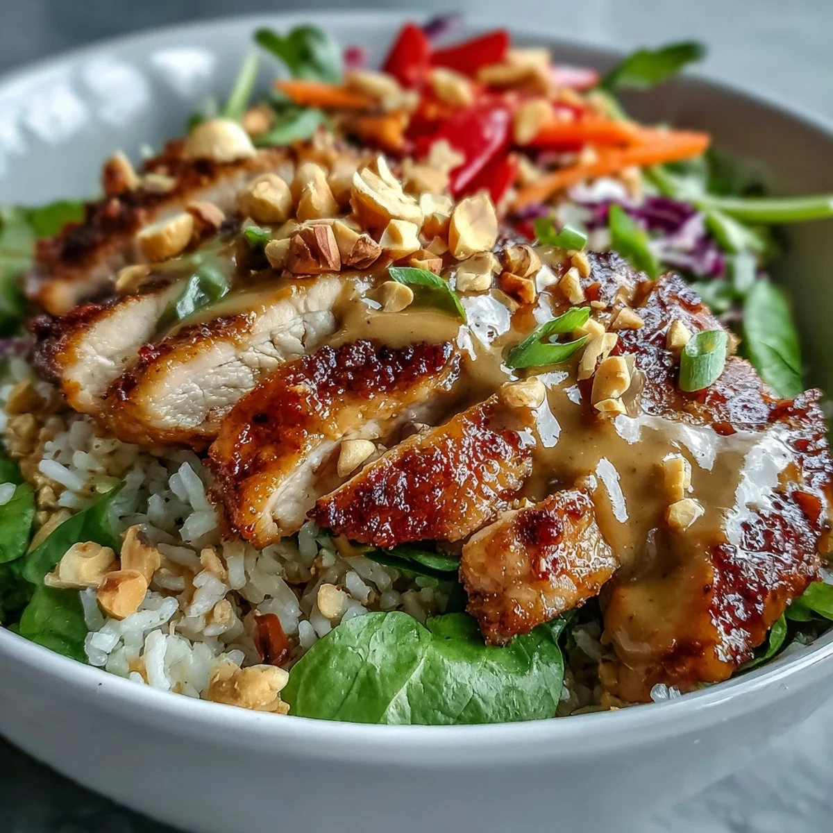 Freshly garnished Peanut Chicken Power Bowl topped with chopped peanuts, cilantro, and lime wedges for a zesty finish.