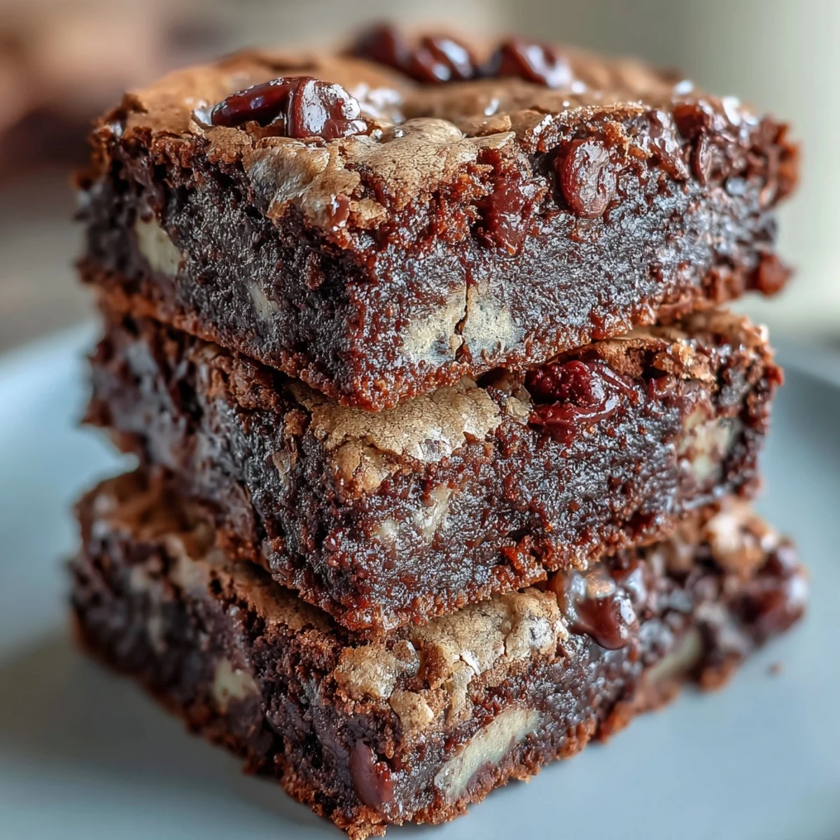 Warm Hojicha Brookies squares on a plate, dusted with sugar and paired with a steaming cup of tea.
