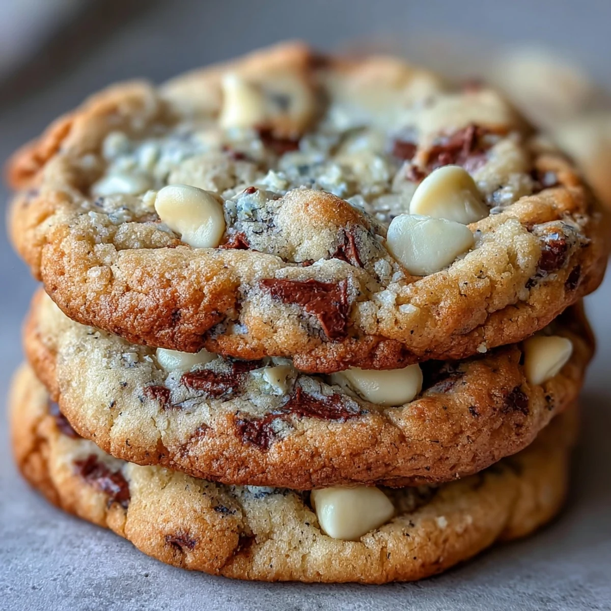 Two warm Brown Butter Hojicha & Earl Grey Cookies break open to reveal gooey white chocolate chips and a tender, chewy center.