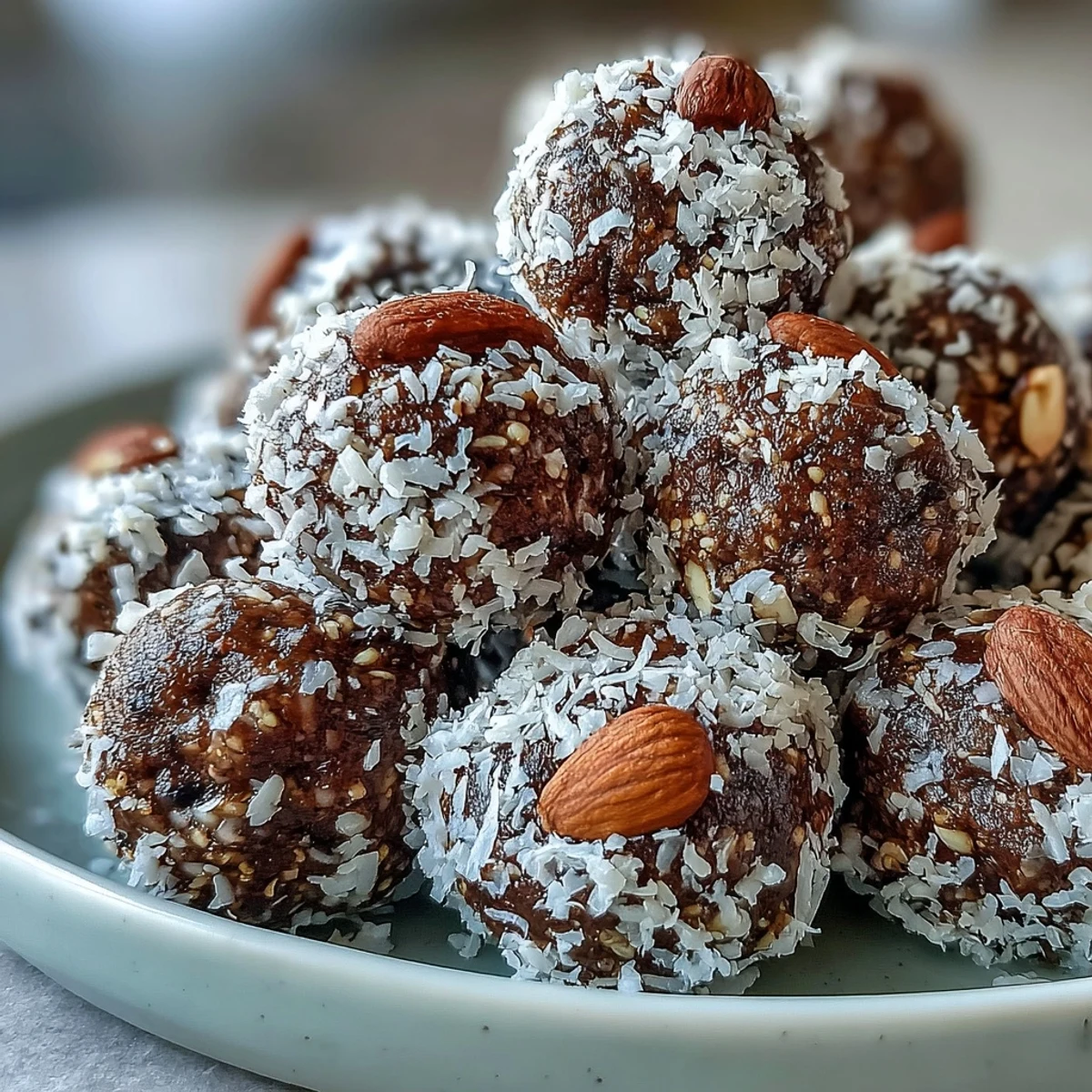 Freshly rolled Hojicha Energy Balls packed with Medjool dates, cashews, and almonds are grouped on a wooden cutting board.