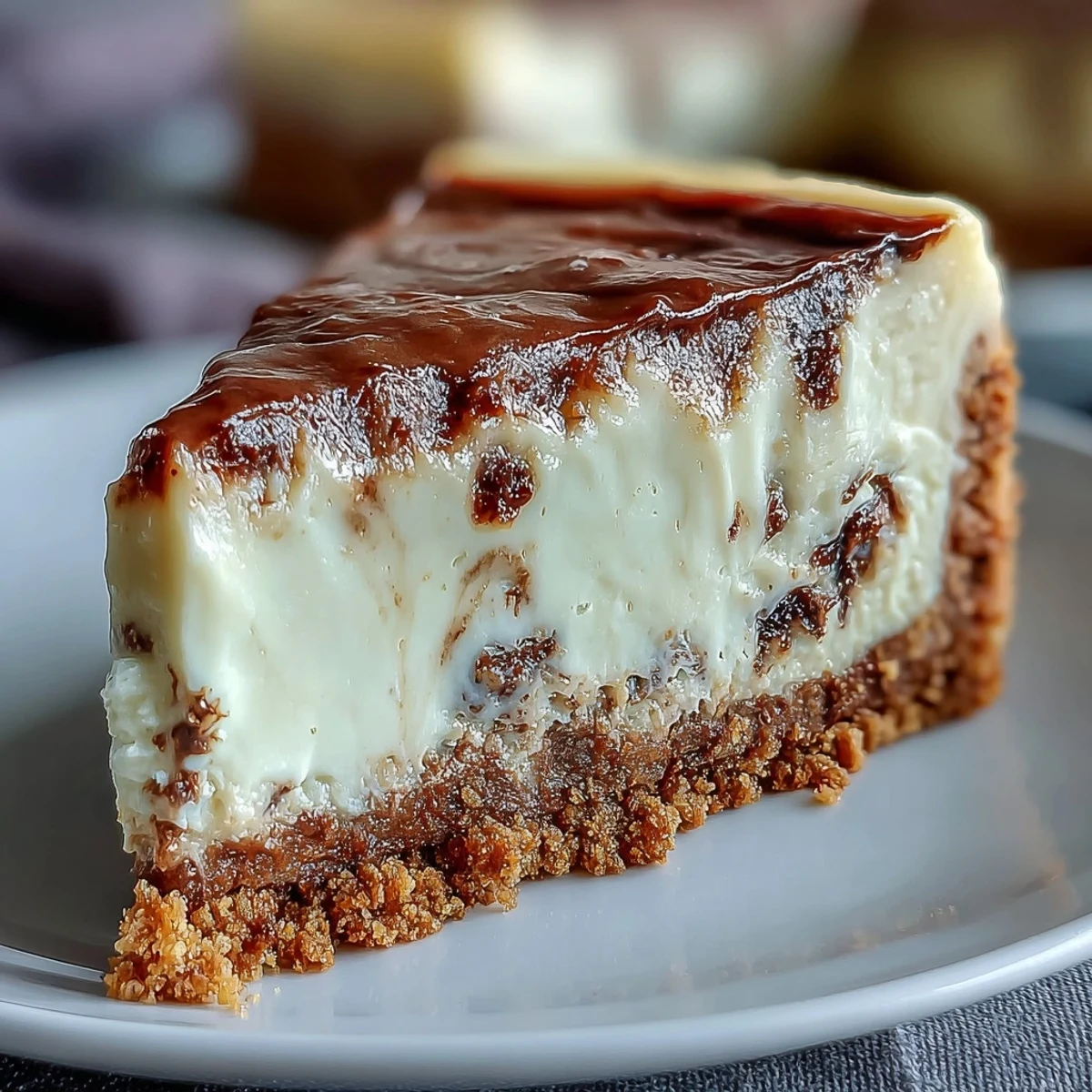 A slice of Hojicha Cheesecake with a marbled brown swirl and buttery graham cracker crust, ready to serve.