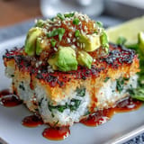 Golden fried rice squares topped with spicy tuna and fresh avocado, surrounded by vibrant cucumber and radish slices in a fusion-style dish.  
