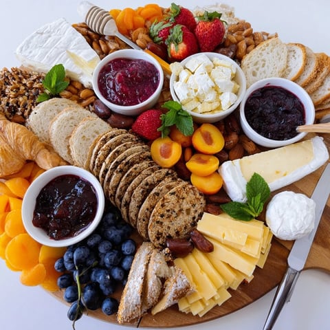 A beautiful jam-infused brunch board perfectly arranged with fresh fruits and cheeses.  