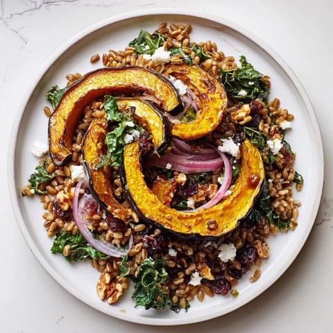 Golden roasted acorn squash slices atop a vibrant Farro & Mustard Green Salad, ready to eat.