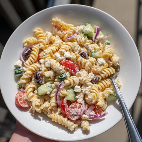 A vibrant bowl of creamy Greek Yogurt Million Dollar Christmas Pasta Salad, ready to serve and enjoy.