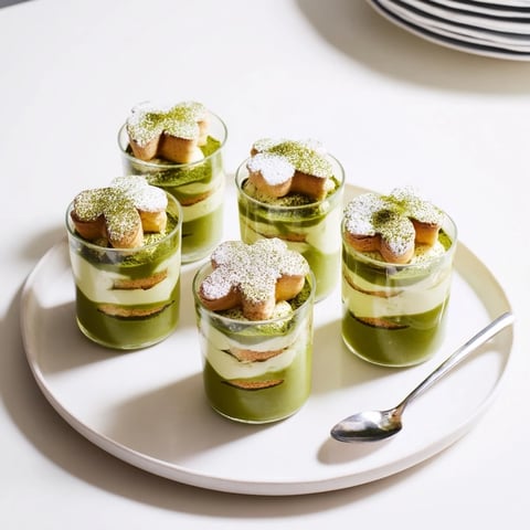 Matcha Mascarpone Tiramisu Snow Cups: a layered Japanese-Italian dessert, creamy mascarpone and matcha infused.