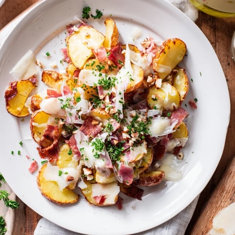 A warm, bubbling Plateau Moufle Chaud et Confortable with melted cheese and golden potatoes.