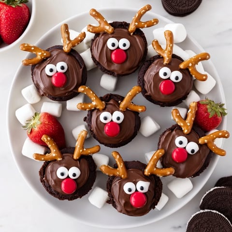 Festive chocolate reindeer pudding cups on a dessert board offer a sweet, chocolatey holiday treat.