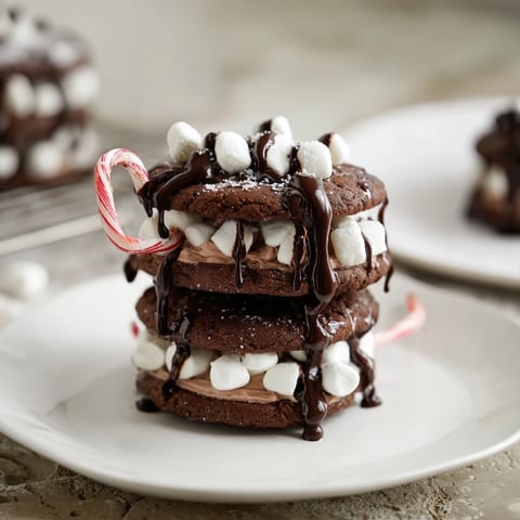A stack of Hot Cocoa Mug Cookies topped with fluffy marshmallow frosting, ready to enjoy.