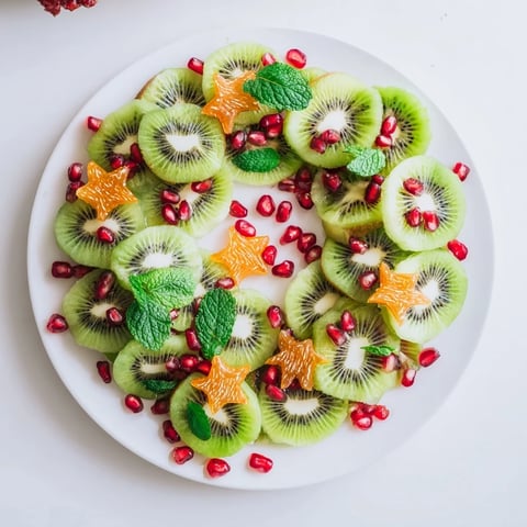 Kiwi and Pomegranate Christmas Wreath showcases bright green kiwi and vibrant red pomegranate arils forming a festive platter.