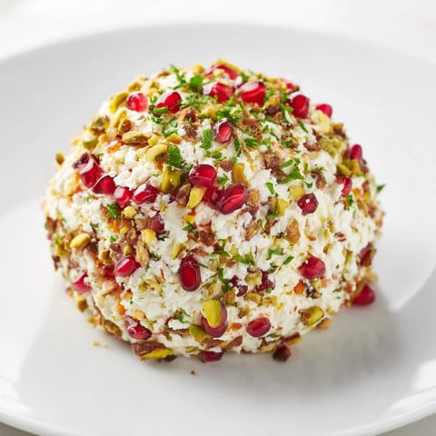 A glittering The Royal Orb cheese ball coated in pistachios and pomegranate seeds on a serving plate.
