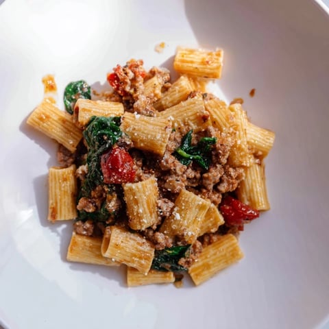 One-Pot Italian Sausage Tomato Pasta simmering with sausage, tomatoes, and pasta, ready to serve.