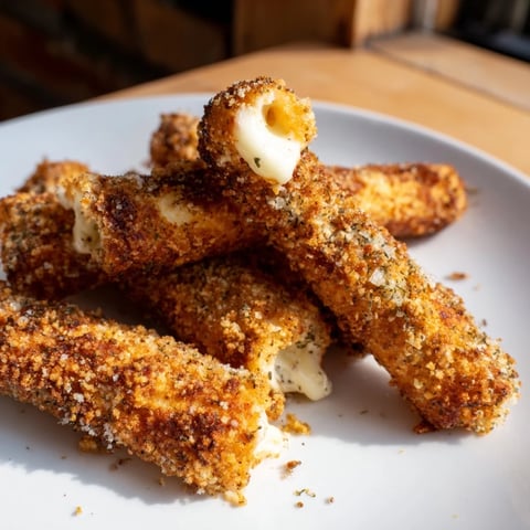Golden-brown air fryer mozzarella sticks, perfectly crisp, with marinara dipping sauce for a classic appetizer.