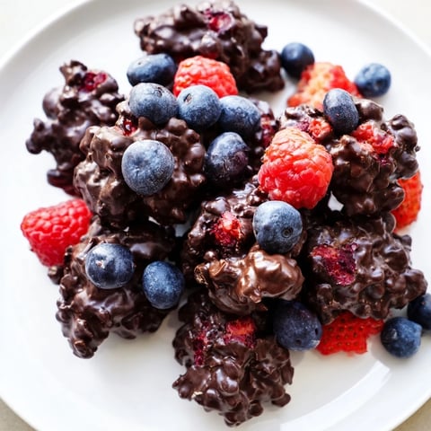 Glistening dark chocolate coats berry-filled Chocolate Yogurt Clusters, a perfect frozen treat.