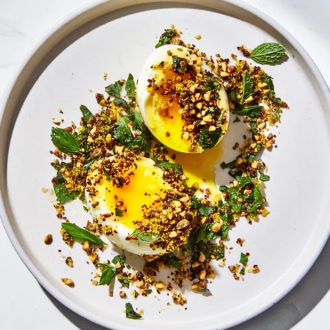 Golden Dukkah-Spiced Eggs, beautifully plated with herbs and spice, ready for a flavorful bite.