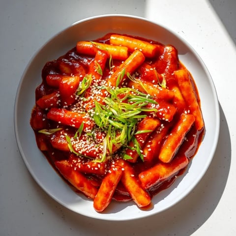 Steaming hot Korean Tteokbokki with vibrant red sauce and fresh green onion garnish ready to enjoy.