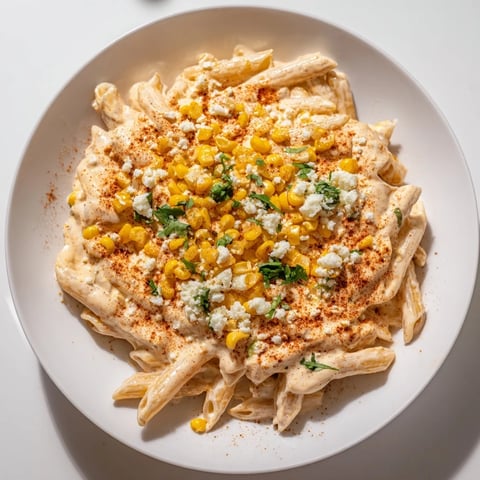 A close-up of creamy Mexican Street Corn Pasta, bursting with colorful toppings and fresh corn.