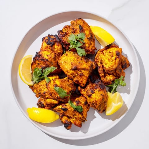Golden-brown Indian Tikka Spiced Chicken, cooked until crispy, garnished with cilantro, and ready to serve.