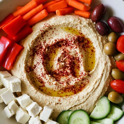 A colorful Lebanese Mezze Platter with creamy hummus, olives, feta, and fresh pita bread.