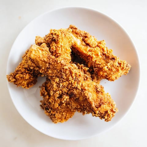 Golden, crispy fried chicken tenders, perfect for dipping, freshly cooked and ready to eat.