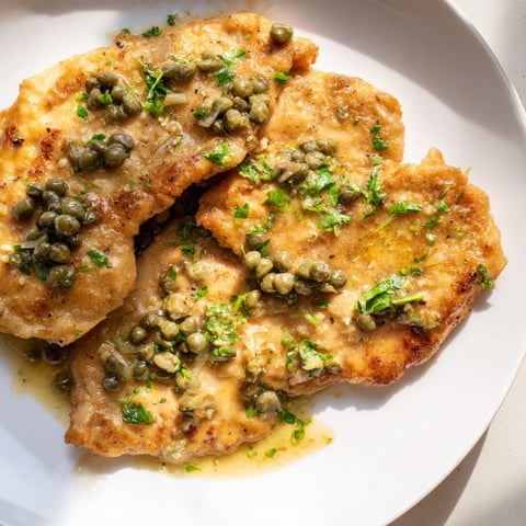 Golden chicken piccata with creamy lemon caper sauce, ready to serve on a plate.