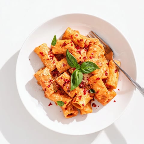 A close-up of creamy Spicy Rigatoni Pasta in a skillet, with fresh basil leaves and grated Parmesan topping the sauce-coated noodles.  